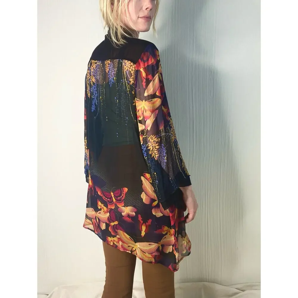 CITRON Black Sheer Silk Kimono Floral Butterflies US MEDIUM - Picture 6 of 15